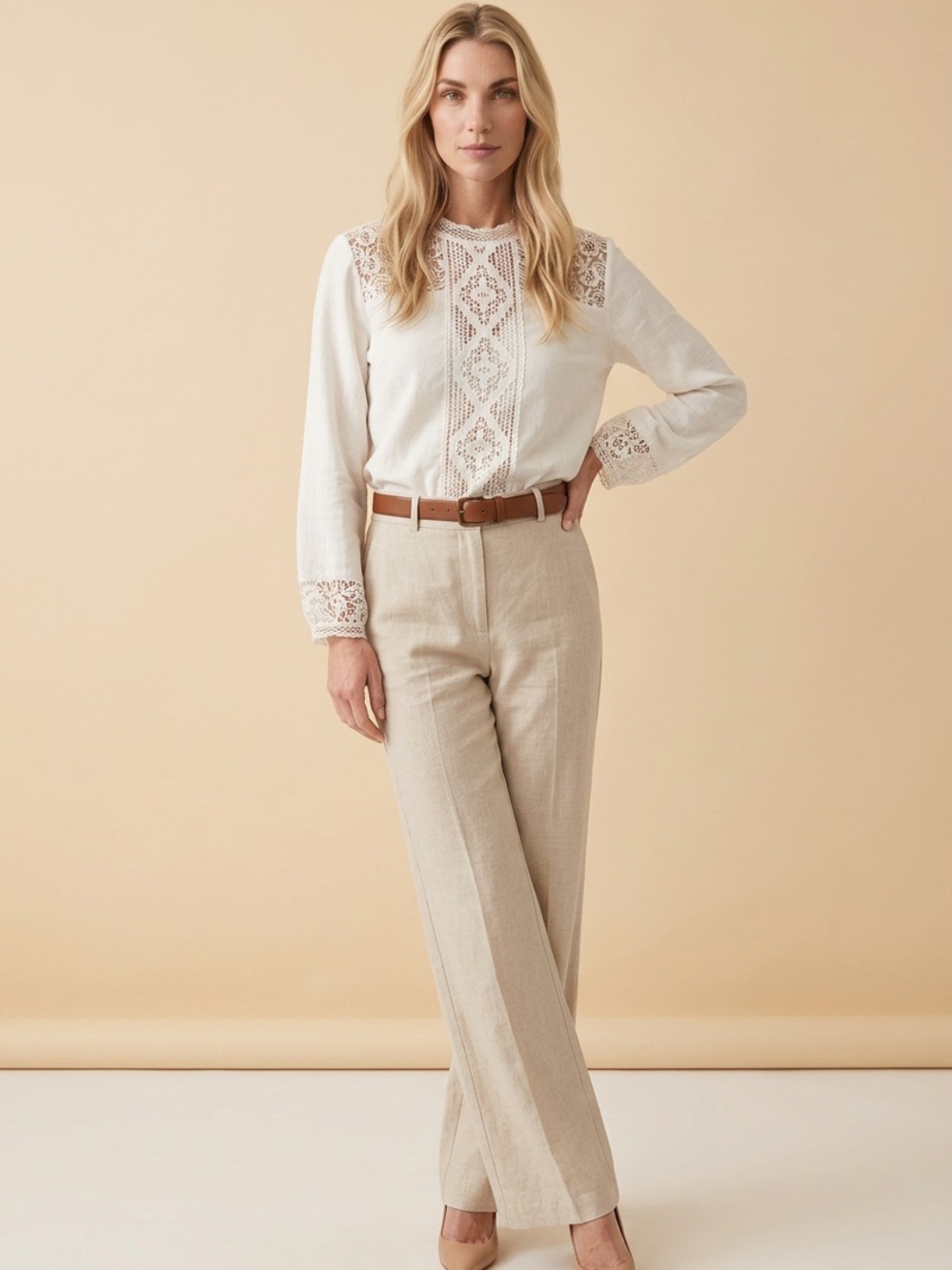 Zara Ivory Lace-Panel Long-Sleeve Blouse